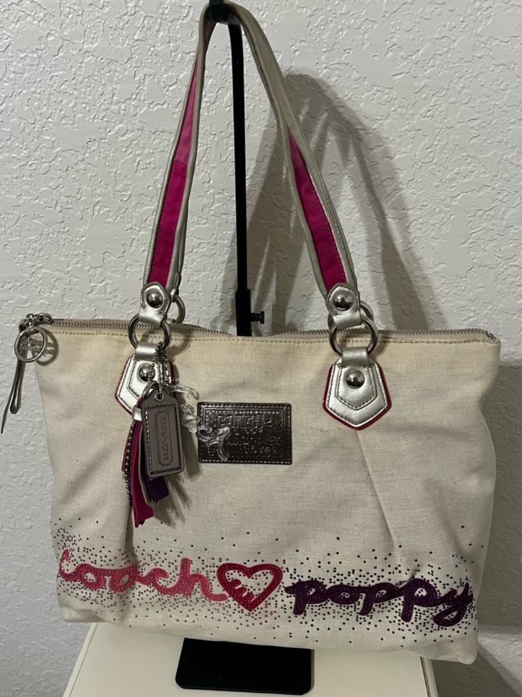 Coach Canvas Poppy Tote Bag With Pink Accents And Silver Hardware